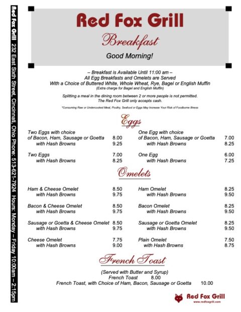 Dining Room Menu | Red Fox Grill | Red Fox Grill