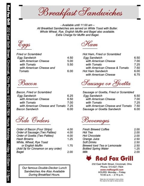 Dining Room Menu | Red Fox Grill | Red Fox Grill